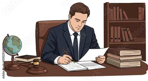 Professional man in a suit working at a desk with a gavel and globe, signing legal documents. Illustration of a lawyer or executive in his office.