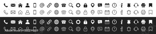 Contact icon set. Phone, home, email, fax, support, search, info, setting,  chat, calendar, web, link, globe. Contact symbols.