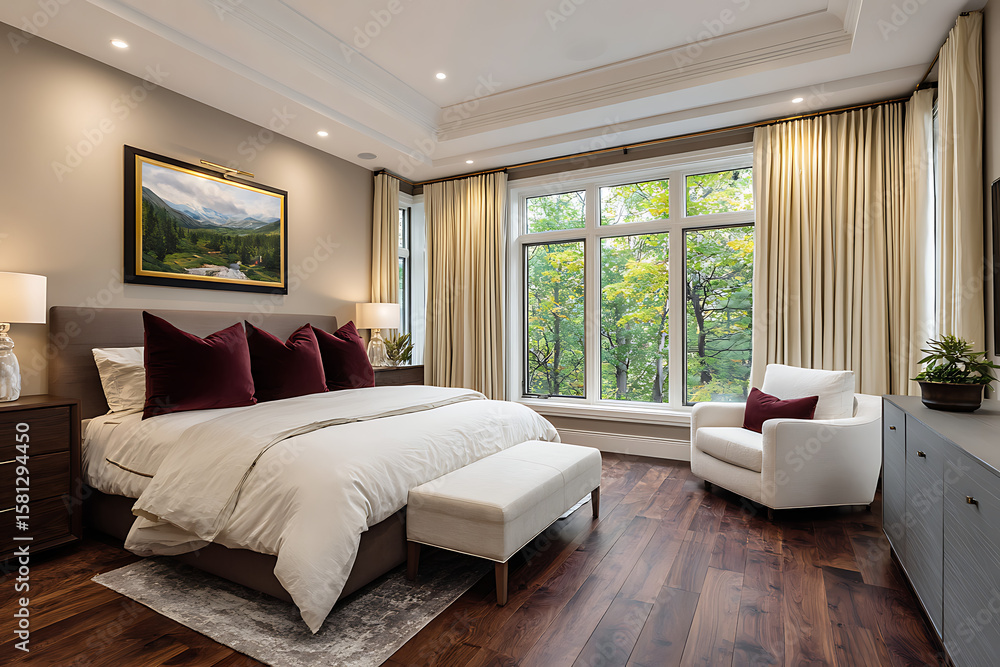 Fototapeta premium Luxurious Master Bedroom with King Size Bed Cream Bedding Burgundy Pillows Dark Walnut Hardwood Floors Large Window Natural Light Landscape