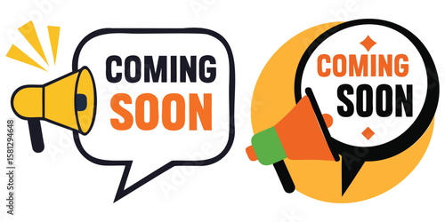 Coming soon announcement icons with megaphone
