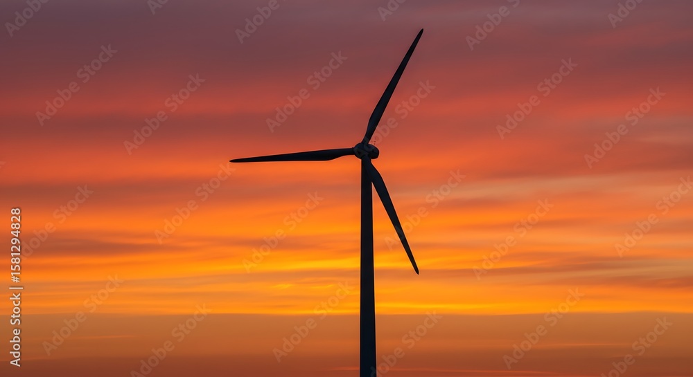 Fototapeta premium Wind turbine silhouette against orange sunset