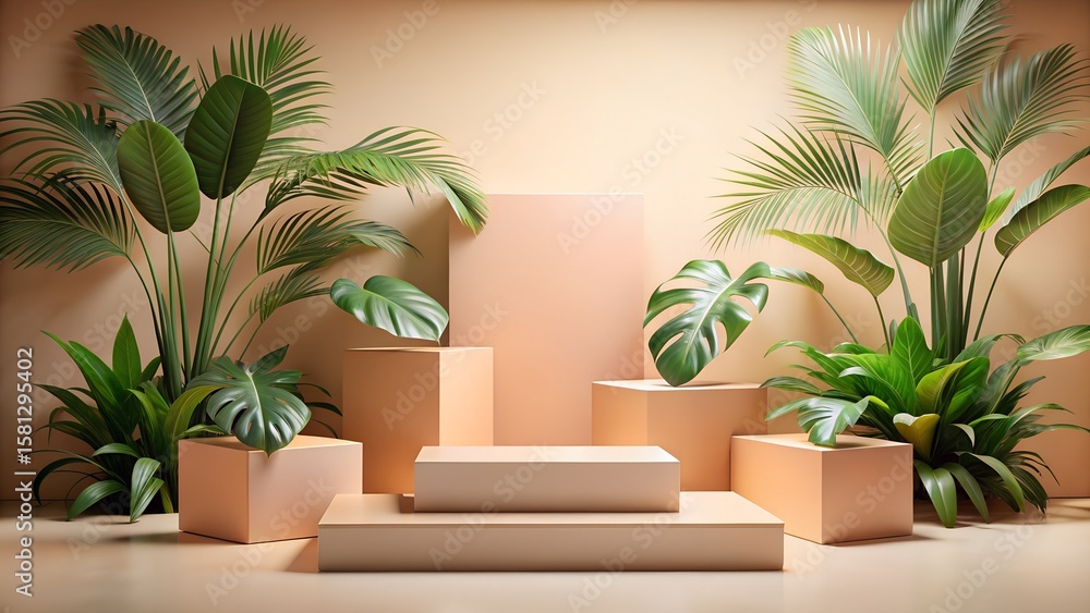 Fototapeta premium A modern podium surrounded by tropical plants provides an elegant stage for product display and presentation