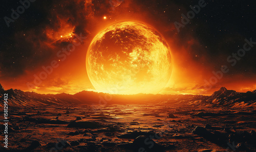 Stunning cosmic landscape featuring a massive sun setting over alien terrain.