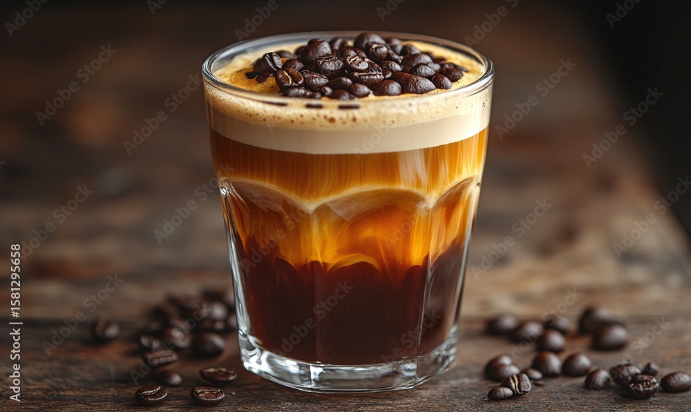 Fototapeta premium Layered Coffee Drink with Roasted Coffee Beans on Wooden Table