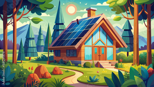 Cozy eco-lodge in the forest, solar panels, natural wood materials. Eco-friendly wooden cabin with solar panels nestled in a vibrant forest garden, symbolizing sustainable  Very beautiful