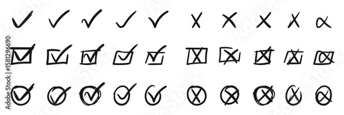 Hand Drawn Tick and Cross Icon Set with Check Mark, Checkbox, Circle, and X Symbols in Sketch Doodle Style on Transparent Background for UI and Form Review