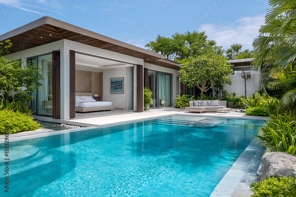 Fototapeta premium Luxurious Tropical Villa with Turquoise Infinity Pool Modern Architecture White Beige and Brown Tones Outdoor Patio and Lush Greenery