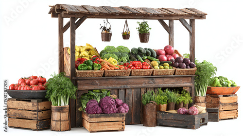 Market stall display with fresh vegetables and fruits, isolated on tranparent background 