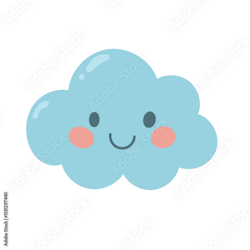 Kawaii blue cloud with rosy cheeks and gentle smile. Ideal for weather icons, nursery prints, and cheerful cartoon-style sky characters.