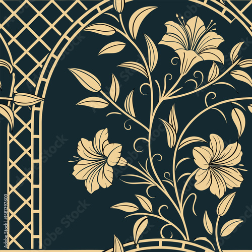 Elegant floral illustration featuring blooming lilies and classic trellis design elements