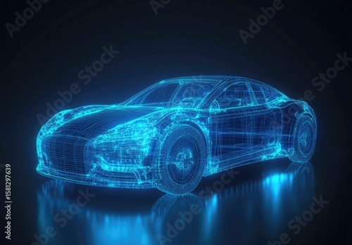 Futuristic car, wireframe, glowing blue, digital art