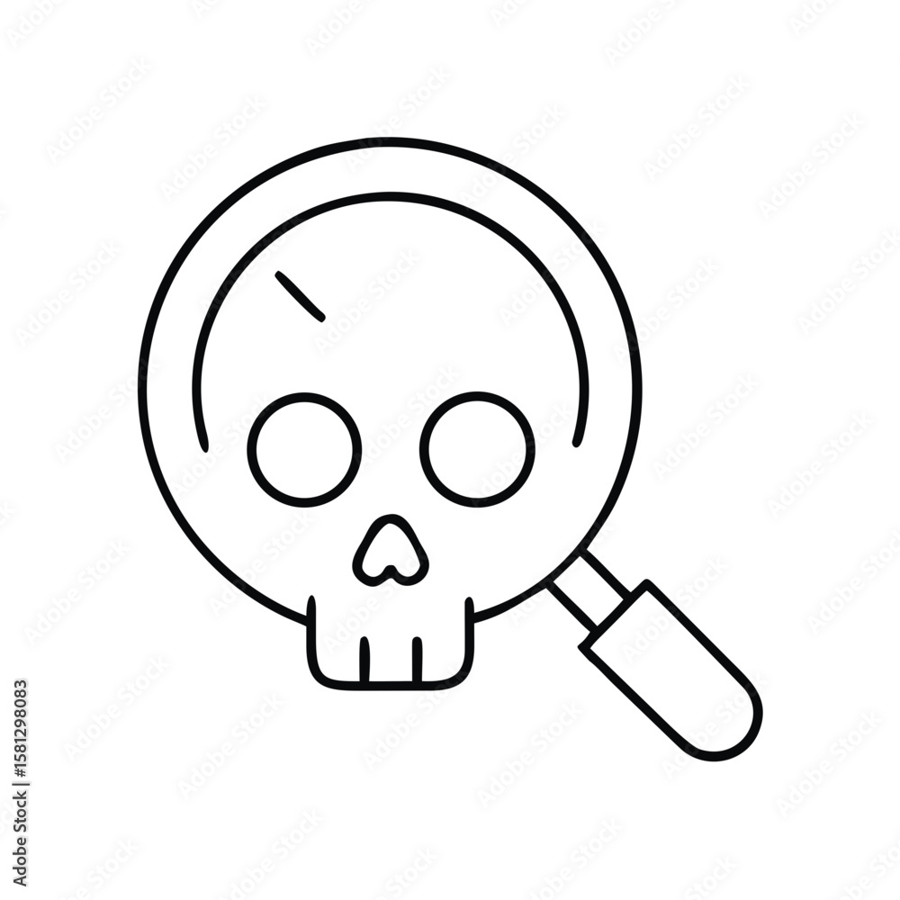 Skull with a magnifying glass icon in black outline style Skull with a magnifying glass icon in black outline style