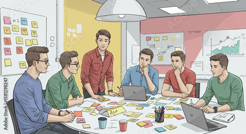 Young creative business team in a meeting, brainstorming and planning a startup project with sticky notes and laptops in an office.
