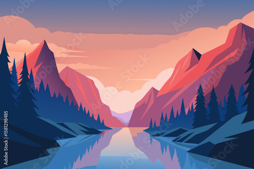 Mountain landscape with a vibrant sky at sunrise or sunset, featuring snow-capped peaks, clouds, and morning mist