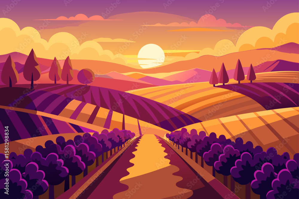 Fototapeta premium Vibrant sunset illuminates the sky over a diverse landscape, from tranquil beach and vast sea to bustling city, with hints of nature, distant mountains, and rural countryside, under a canvas of orange