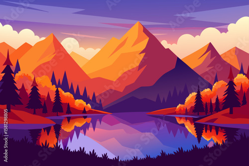 A vibrant sunset paints the sky over rugged mountains, their majestic landscape softened by a gentle mist and reflected in a serene lake