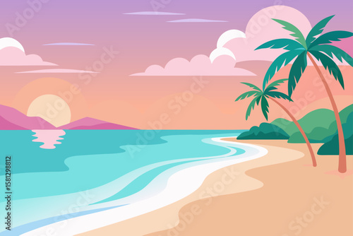 Tropical beach scene with palm trees, a summer paradise island getaway