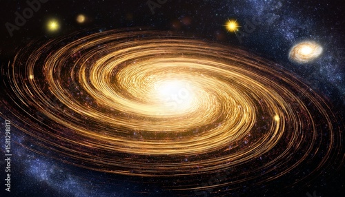 glowing golden spiral galaxy surrounded by swirling cosmic particles and celestial bodies creating mesmerizing and chaotic cosmic scene