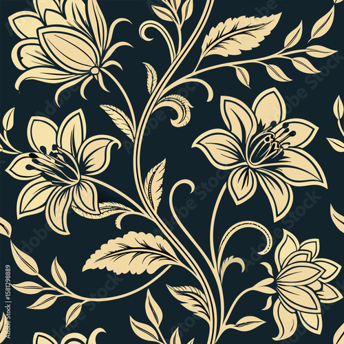 Elegant floral pattern with beige blooms and dark blue background seamless repeat