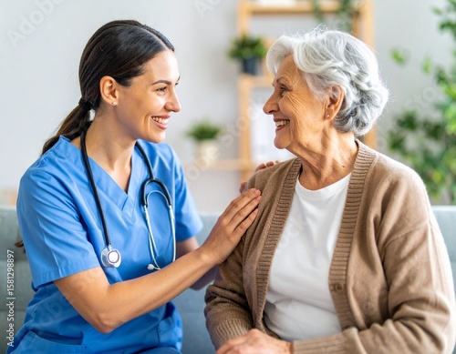 Smiling caregiver reassuring elderly woman with hand on shoulder in bright living room setting