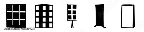 Silhouettes of architectural elements and presentation stands in black and white