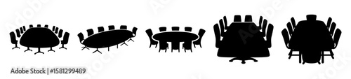 Different configurations of conference tables and chairs in silhouette rendering style