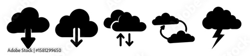 Set of five cloud computing icons with various directions and lightning