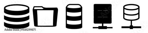 Black and White Icons Illustrating Various Types of Data Storage Systems
