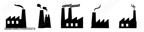 Five different factory silhouettes emitting smoke into the atmosphere illustration
