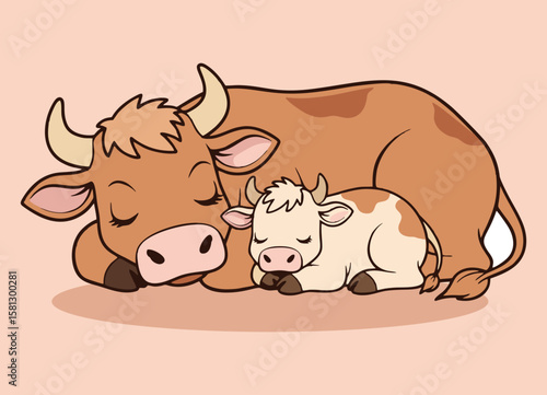 cute  cow sleeping with the little cow  . design 2 dimension