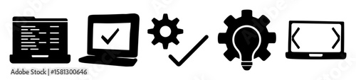Diverse conceptual icons for technological development and successful software deployment