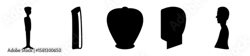 Silhouette abstractions of people and objects in stark black against a white background