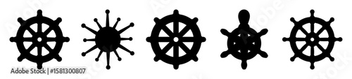 Black silhouettes of five different ship wheels arranged horizontally on white