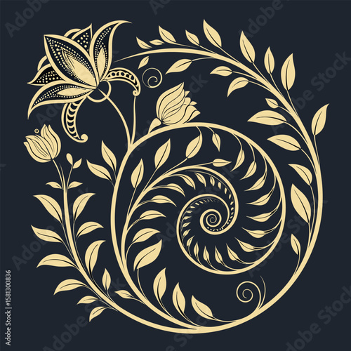 Elegant gold floral spiral motif vector design with leaves and swirls on a white background