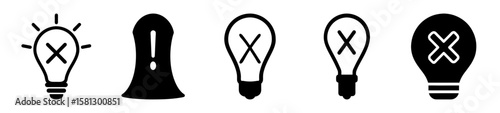 Conceptual icons showing failure, warning, and shutdown using lightbulbs and exclamation points