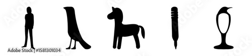 Silhouette representations of a human, bird, horse, spear, and penguin