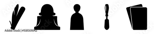 Black silhouettes of abstract icons representing various game pieces and objects