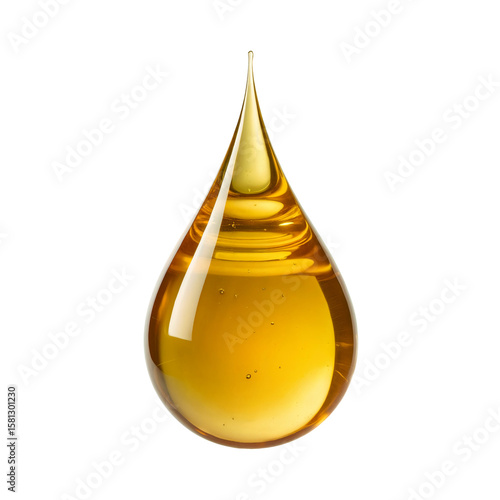 Golden liquid drop close up dripping honey oil syrup amber fluid macro isolated on transparent background