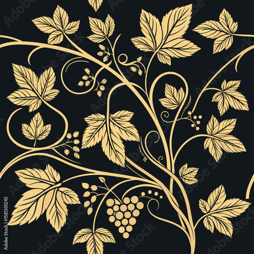 Elegant gold leaf and grapevine seamless pattern on transparent background