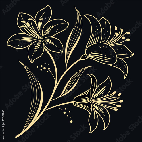 Elegant gold lily flower petal outlines vector design with dotted details for floral decoration