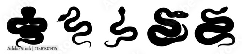Five silhouettes of snakes in various poses isolated on a white background