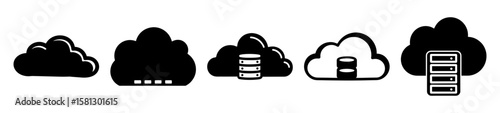 Illustrative collection of black cloud icons showcasing cloud computing and storage solutions
