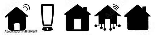 Smart Home Technology Concept Icons with Houses, Mobile Phone and Networks