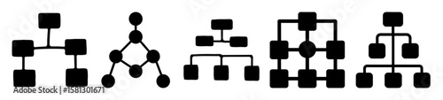 Collection of stylized organizational charts and network diagrams in simple black