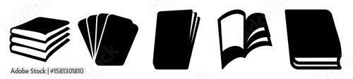 Collection of book icons in various stages of being open and closed