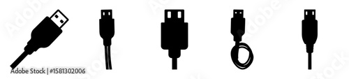 Set of five USB cable icons in black silhouette on white background