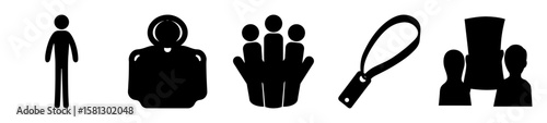 Simple black and white pictogram representation of various people and objects