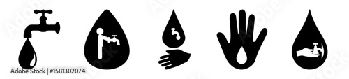 Black and White Water Conservation Pictograms for Handwashing and Cleanliness promotion
