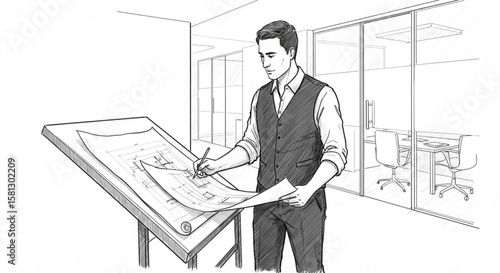 Focused male professional sketching a detailed architectural blueprint at a drafting table in a contemporary office setting.