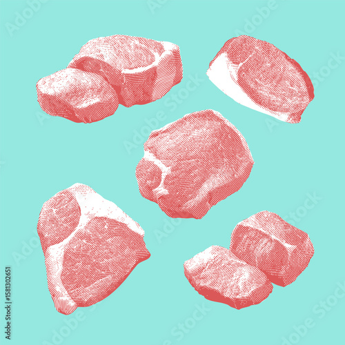Pork, pork vector, pork illustration, line drawing on light blue background.